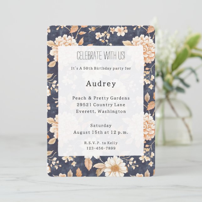 Invitation Marine Blue Cream Peach Floral 50e anniversaire (Debout devant)