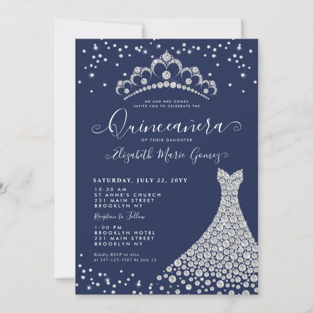 Invitation Marine Blue Diamond Sparkle Tiara Gown Quinceanera (Devant)