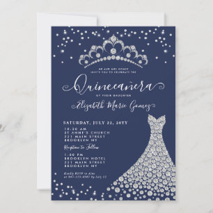 Invitation Marine Blue Diamond Sparkle Tiara Gown Quinceanera