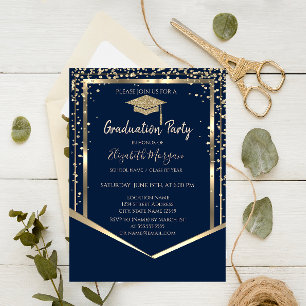 Invitation Marine Blue Diamonds Gold Graduation Cap Graduatio
