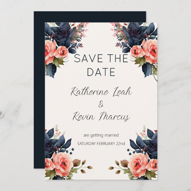 Invitation Marine Blue Dusty Rose Floral Enregistrer la date  (Devant / Derrière)