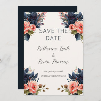 Invitation Marine Blue Dusty Rose Floral Enregistrer la date