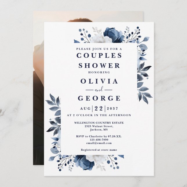 Invitation Marine Blue Elegant Floral Couples Douche Photo (Devant / Derrière)