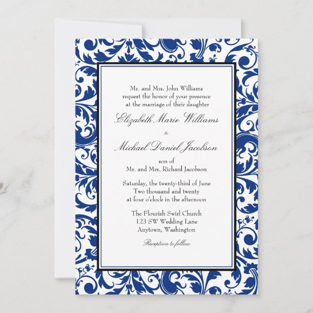 Invitation Marine Blue et Black Swirl Mariage damassé (Devant)