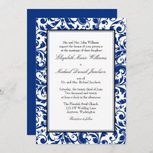 Invitation Marine Blue et Black Swirl Mariage damassé