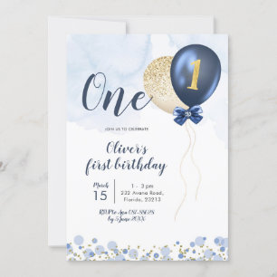 Invitation Marine Blue et Gold Balloon Boy Premier anniversai