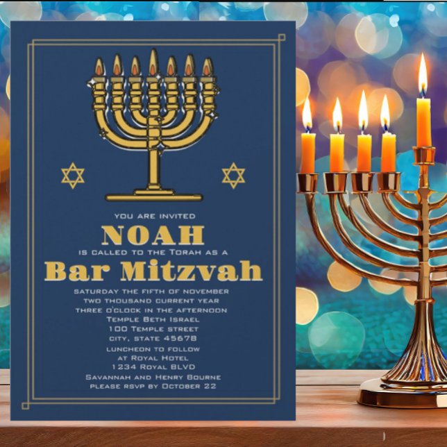 Invitation Marine Blue et Gold Star de David Bar Mitzvah (Créateur téléchargé)