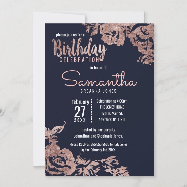 Invitation Marine Blue et Rose Gold Floral fête d'anniversair (Devant)