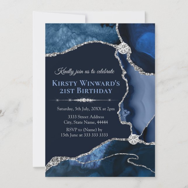 Invitation Marine Blue et Silver Parties scintillant Agate An (Devant)