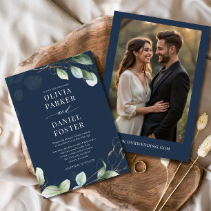 Invitation Marine Blue Eucalyptus Photo Mariage de verdure