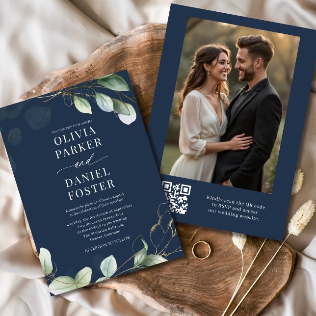 Invitation Marine Blue Eucalyptus QR Code Mariage photo (Créateur téléchargé)