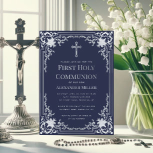 Invitation Marine Blue Faux Argent Vintage Garçon Première co