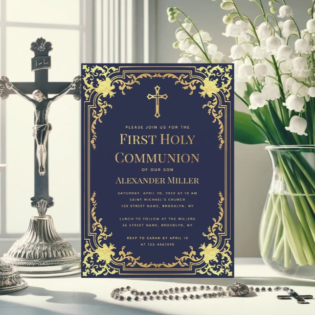 Invitation Marine Blue Faux Gold Elegant Boy First Communion (Créateur téléchargé)