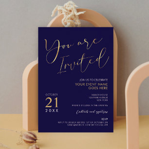 Invitation Marine Blue & Faux Gold Script Logo Entreprise Évé
