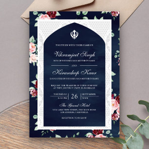 Invitation Marine Blue Floral Anand Karaj Punjabi Sikh Mariag