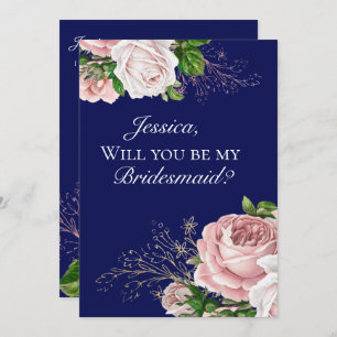 Invitation Marine Blue Floral Blush Roses Bridesmaid Invitati