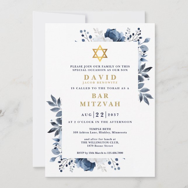 Invitation Marine Blue Floral Botanique Bar Mitzvah Bat mitzv (Devant)