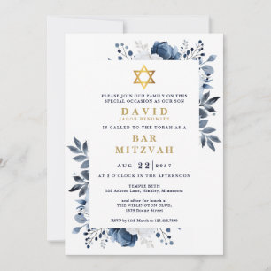 Invitation Marine Blue Floral Botanique Bar Mitzvah Bat mitzv