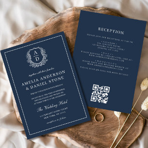 Invitation Marine Blue Floral Crest Monogramme Mariage QR Cod