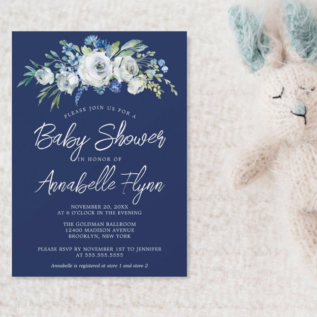 Invitation Marine Blue Floral Élégant Baby shower moderne gar (Créateur téléchargé)