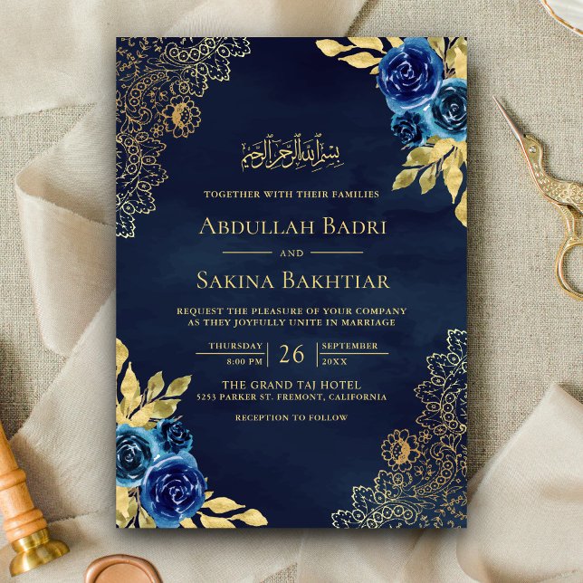 Invitation Marine Blue Floral Gold Lace QR Code Mariage musul (Créateur téléchargé)