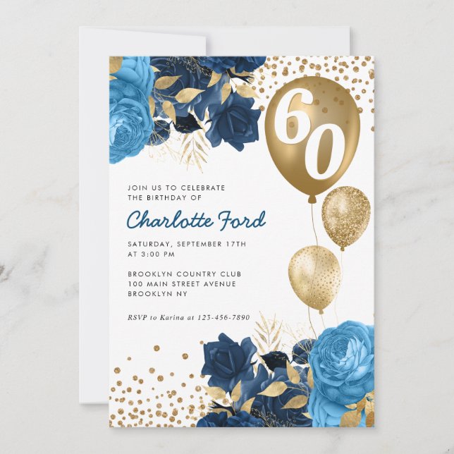 Invitation Marine Blue Floral Gold Parties scintillant Ballon (Devant)