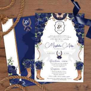 Invitation Marine Blue Floral Ouest Charro Quinceañera