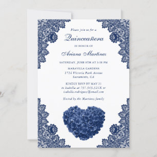 Invitation Marine Blue Floral Quinceañera 15e anniversaire