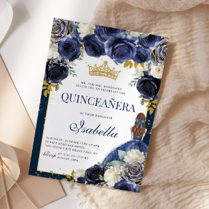 Invitation Marine Blue Floral Quinceanera Mis Quince Anos