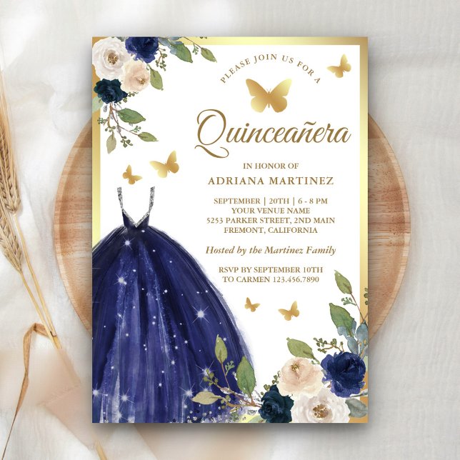 Invitation Marine Blue Floral Robe papillon Or Quinceanera (Créateur téléchargé)