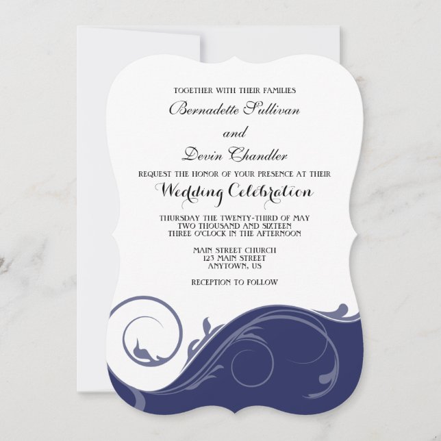 Invitation Marine Blue Floral Swirl Mariage de crochet invite (Devant)