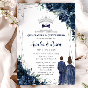 Invitation Marine Blue Floral Twins Garçon Girl Argent Quince