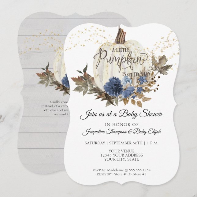 Invitation Marine Blue Floral White Wood w Baby shower Citrou (Devant / Derrière)