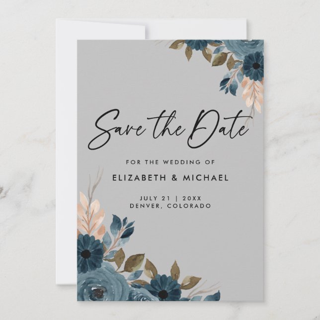 Invitation Marine Blue Flowers Mariage Enregistrer La Date In (Devant)