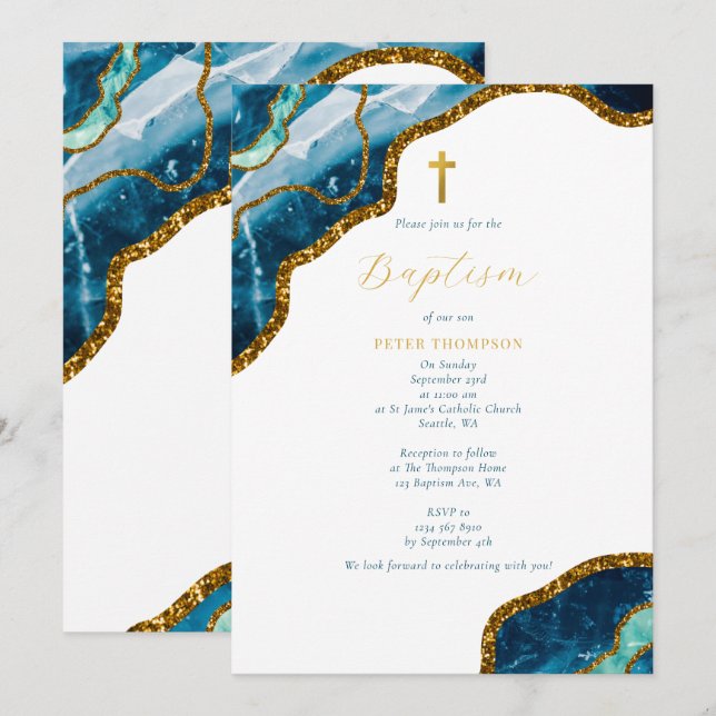 Invitation Marine Blue Geode Agate Gold Cross Baptême (Devant / Derrière)