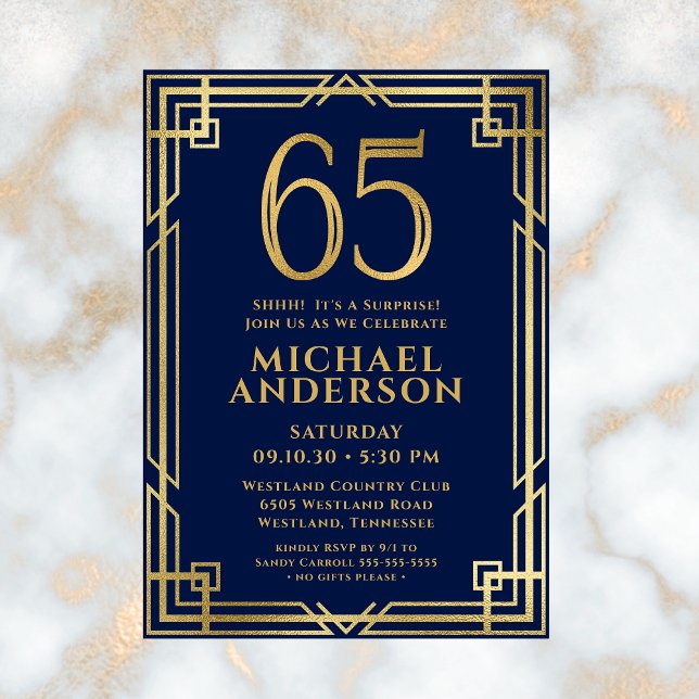 Invitation Marine Blue Gold 65e anniversaire Photo Surprise P (Créateur téléchargé)
