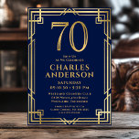 Invitation Marine Blue Gold 70th Birthday Photo<br><div class="desc">Cette fabuleuse invitation de 70e anniversaire bleu marine et or masculin avec le numéro 70 en or avec des polices modernes entourée d'un cadre d'art déco or sur le devant et votre photo préférée de l'invité d'honneur sur le dos serait parfaite pour demander aux gens de se joindre à vous...</div>
