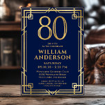 Invitation Marine Blue Gold 80th Birthday Photo<br><div class="desc">Cette fabuleuse invitation de 80e anniversaire marine bleu et or masculin avec le numéro 80 en or avec des polices modernes entourée d'un cadre or art déco sur le devant et votre photo préférée de l'invité d'honneur sur le dos serait parfaite pour demander aux gens de se joindre à vous...</div>