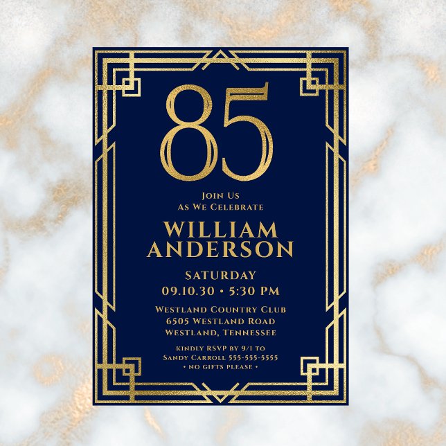Invitation Marine Blue Gold 85th Birthday Photo (Créateur téléchargé)