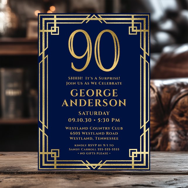 Invitation Marine Blue Gold 90e anniversaire Photo Surprise P (Créateur téléchargé)