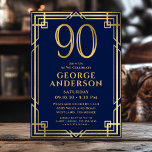 Invitation Marine Blue Gold 90th Birthday Photo<br><div class="desc">Cette fabuleuse invitation à la fête du 90e anniversaire de l'homme bleu marine et or, portant le numéro 90 en or avec des polices modernes entourée d'un cadre d'art déco doré sur le devant et votre photo préférée de l'invité d'honneur sur le dos, serait parfaite pour demander aux gens de...</div>