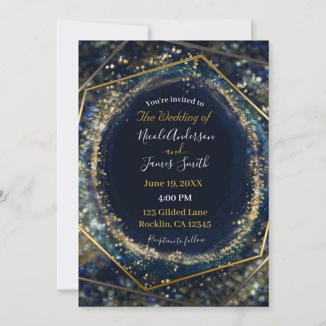 Invitation Marine Blue Gold Abstrait Lights Mariage géométriq (Devant)