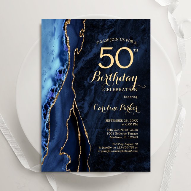 Invitation Marine Blue Gold Agate 50e anniversaire (Créateur téléchargé)