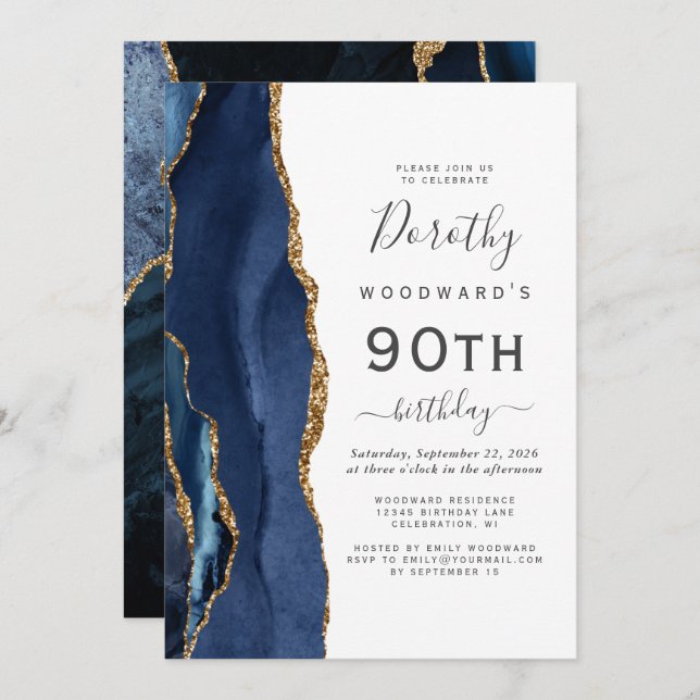 Invitation Marine Blue Gold Agate 90e fête d'anniversaire (Devant / Derrière)