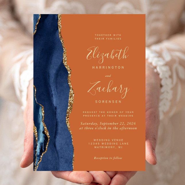 Invitation Marine Blue Gold Agate Brûlé Orange Mariage (Créateur téléchargé)