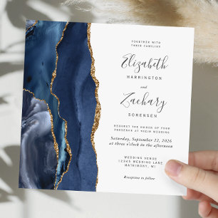 Invitation Marine Blue Gold Agate Carré moderne Mariage