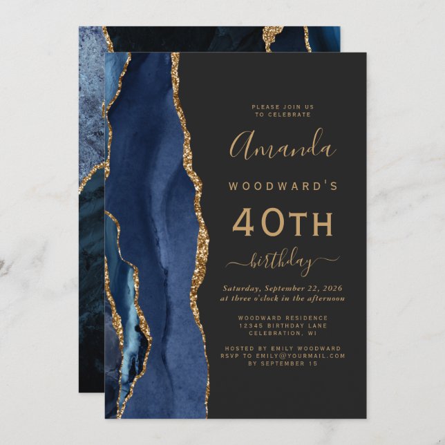 Invitation Marine Blue Gold Agate Dark 40th Birthday Party (Devant / Derrière)