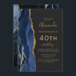 Invitation Marine Blue Gold Agate Dark 40th Birthday Party<br><div class="desc">Le bord gauche de cette élégante invitation à la fête d'anniversaire moderne comporte une bordure en aquarelle bleu marine ornée d'une fausse parties scintillant dorée. Le texte personnalisable combine écriture manuscrite dorée, cuivre et polices italiques sur un arrière - plan noir ardoise. L'envers est assorti d'un design d'agate bleu et...</div>