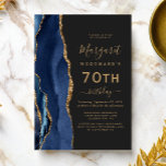 Invitation Marine Blue Gold Agate Dark 70th Birthday Party<br><div class="desc">Le bord gauche de cette élégante invitation à la fête d'anniversaire moderne comporte une bordure en aquarelle bleu marine ornée d'une fausse parties scintillant dorée. Le texte personnalisable combine écriture manuscrite dorée, cuivre et polices italiques sur un arrière - plan noir ardoise. L'envers est assorti d'un design d'agate bleu et...</div>