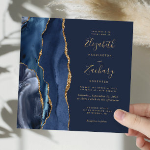 Invitation Marine Blue Gold Agate Élégant Mariage Carré